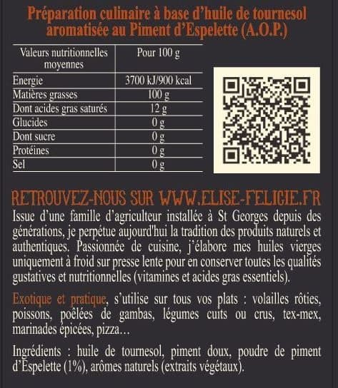 Élise & Félicie Huile au Piment d'Espelette packshot