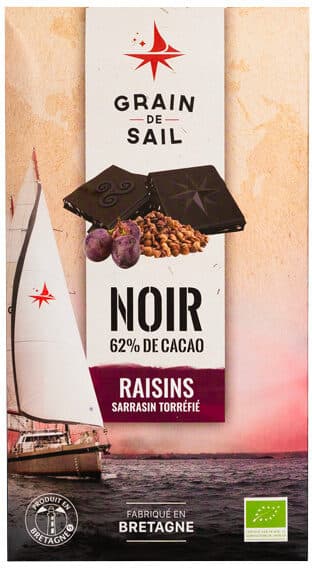 Grain de Sail Tablette de chocolat Noir 62% de cacao avec inclusions raisins et sarrasin torréfié packshot