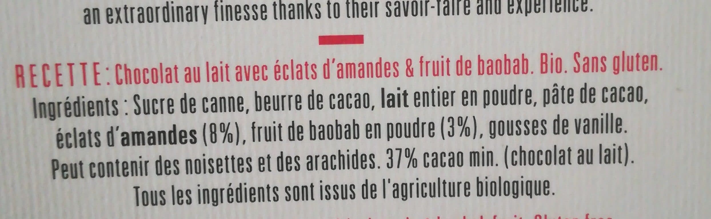 Carré Suisse Chocolat au lait Bio Éclats d'Amandes & fruit de Baobab N°22 packshot