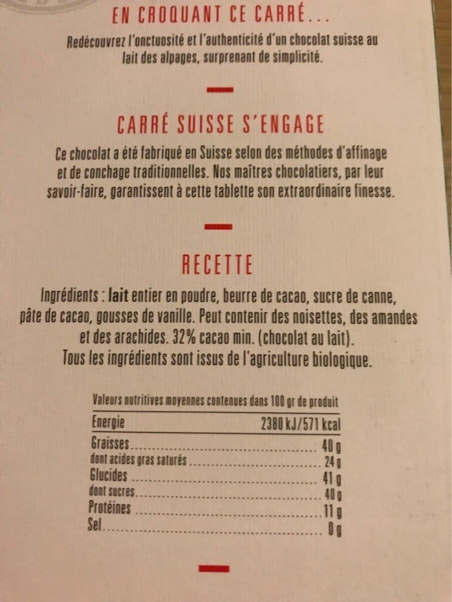 carré suisse Chocolat au lait des Alpages bio recette N°31 packshot