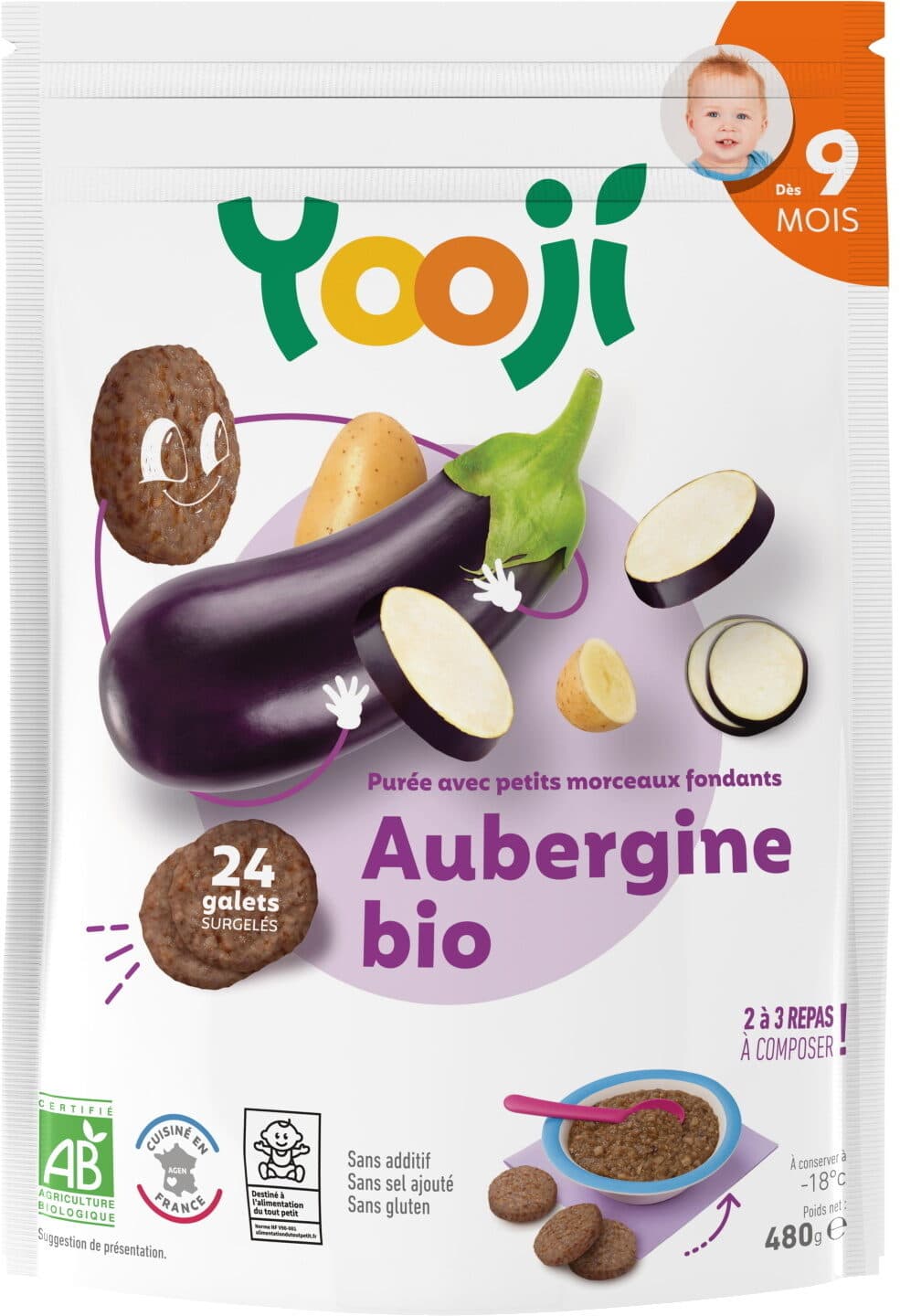 Yooji Purée surgelée d'aubergine bio avec petits morceaux fondants pour bébé dès 9 mois packshot