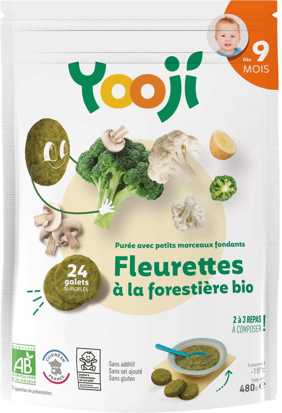 Yooji Purée surgelée de fleurettes à la forestière bio avec petits morceaux fondants pour bébé dès 9 mois packshot