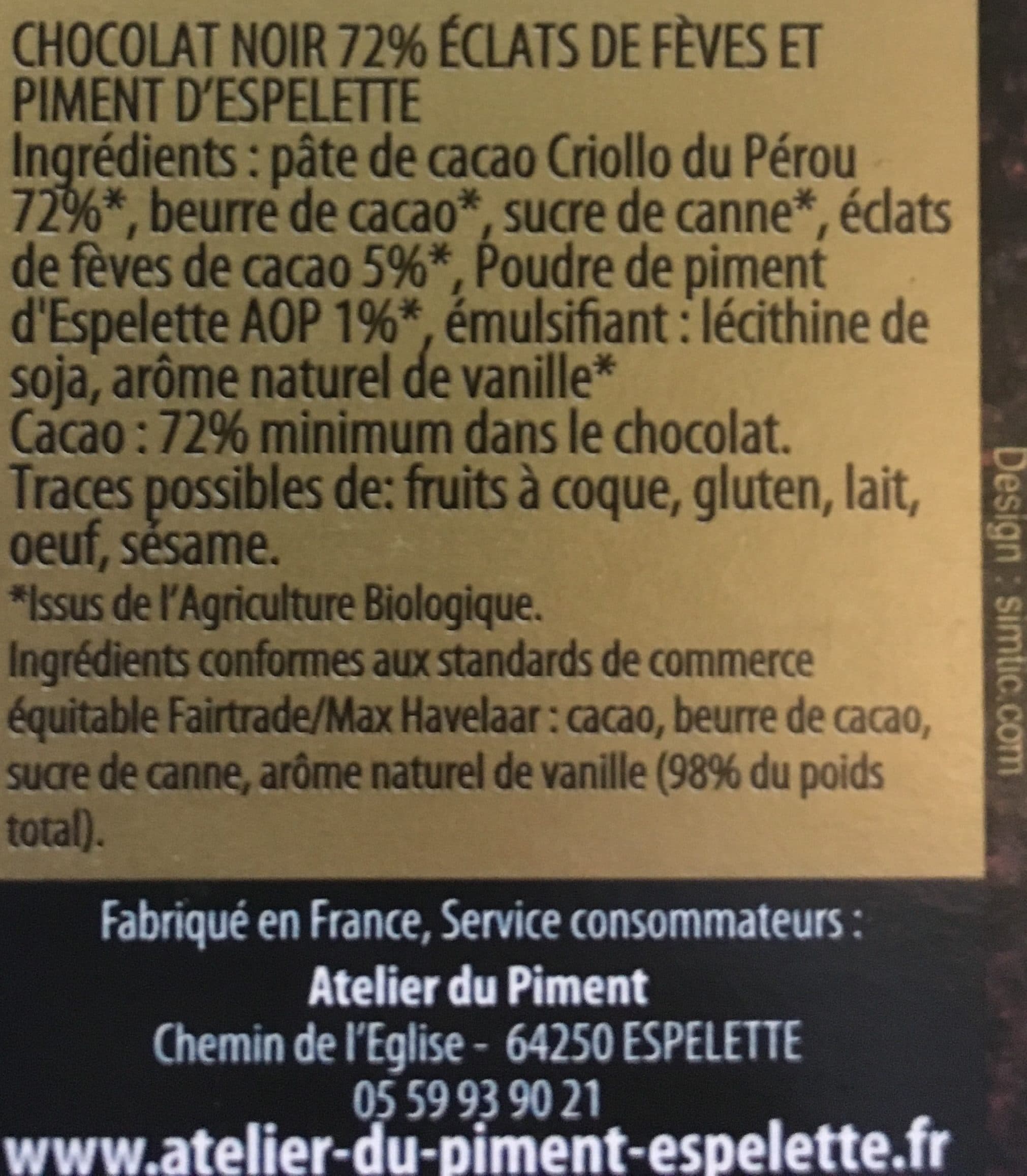 L'Atelier du Piment Noir 72% Eclats de fèves Piment d'espelette packshot