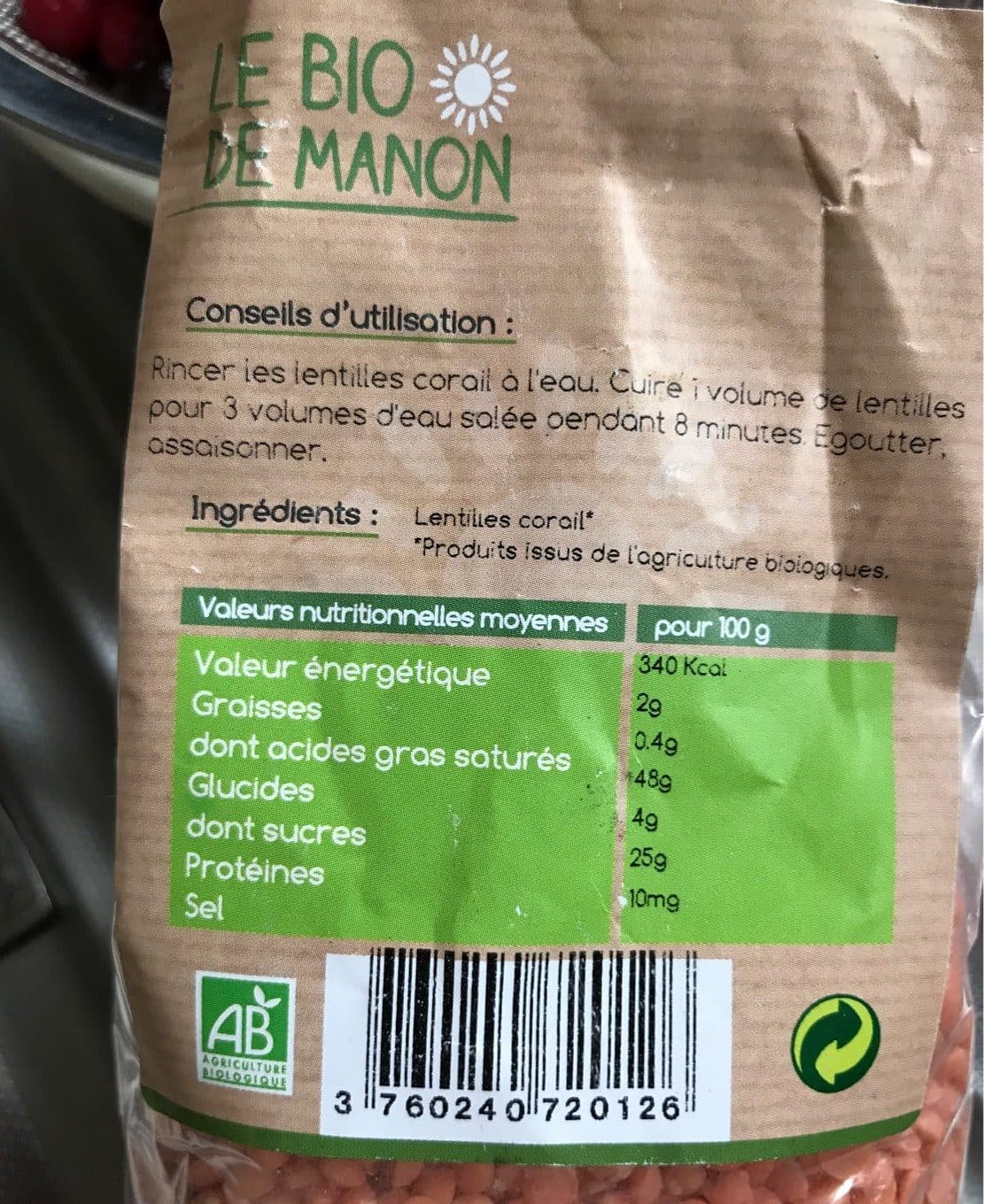 Le Bio de Manon Lentilles Corail packshot