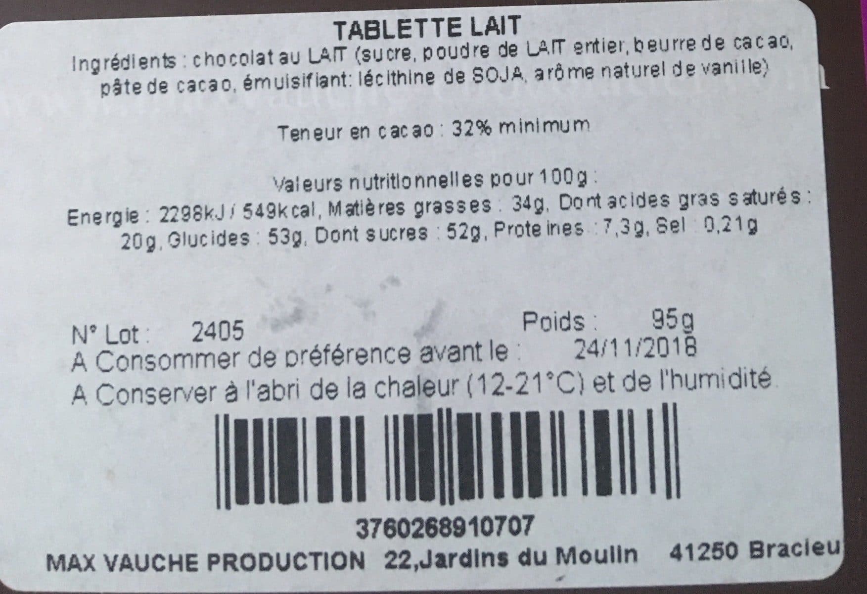 Max Vauché Chocolat Pur Beurre de Cacao Lait packshot