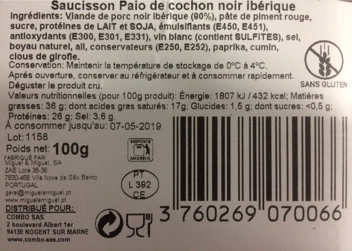 Open Food Facts Saucisson Paio de Cochon noir ibérique packshot