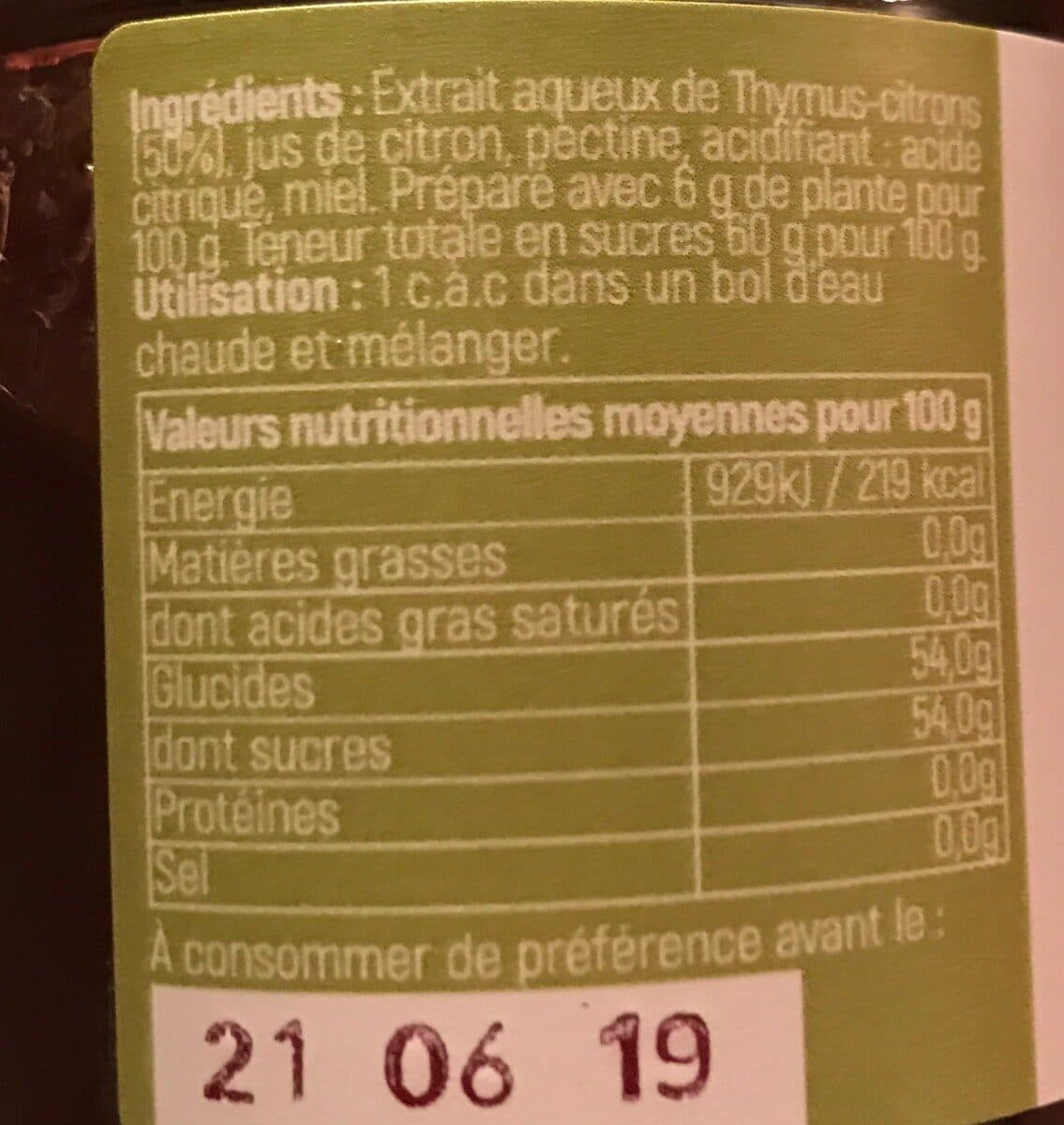 Open Food Facts Thymus-Citron au Miel packshot