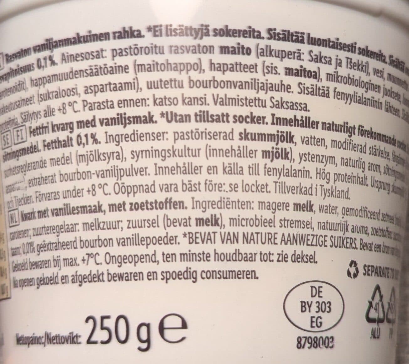 Milbona (Lidl) Creamy Quark Vanilla 0,1% packshot