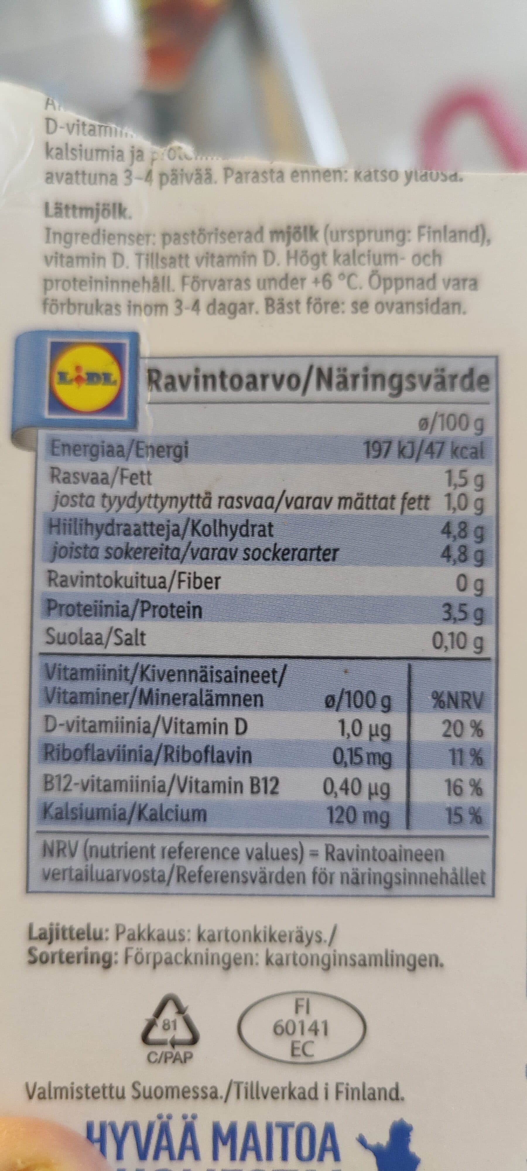 Pohjalan Meijeri Kevyt Maito packshot