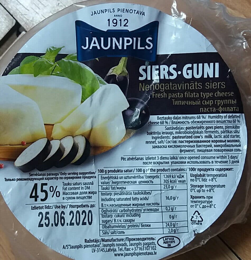 Jaunpils 45% nenogatavināts siers Guni packshot