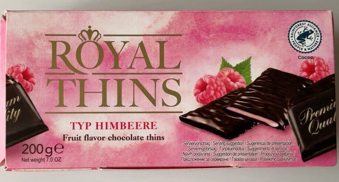 Delitzscher Schokoladenfabrik Raspberry flavor chocolate thins packshot