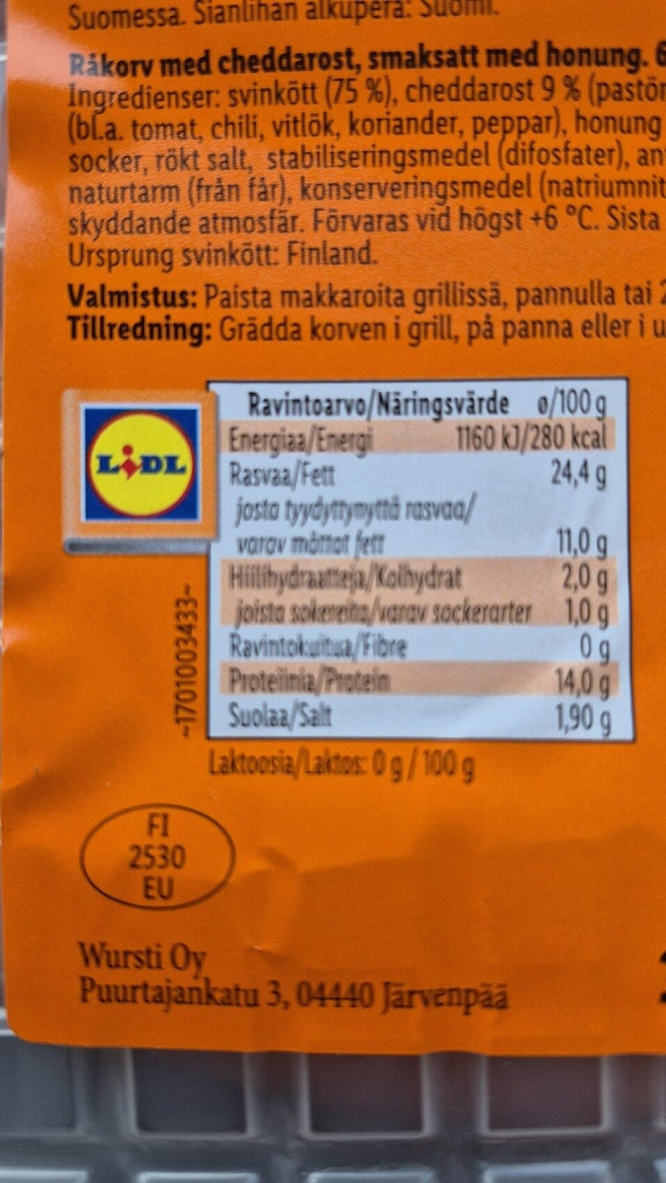 Grilli Maisteri Hot Honey CHEDDAR Raakamakkara packshot