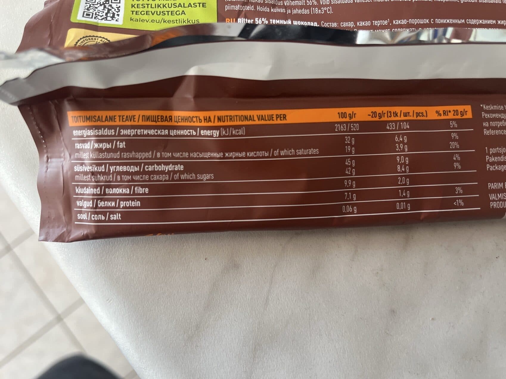 Kalev Bitter 56% Šokolaad packshot