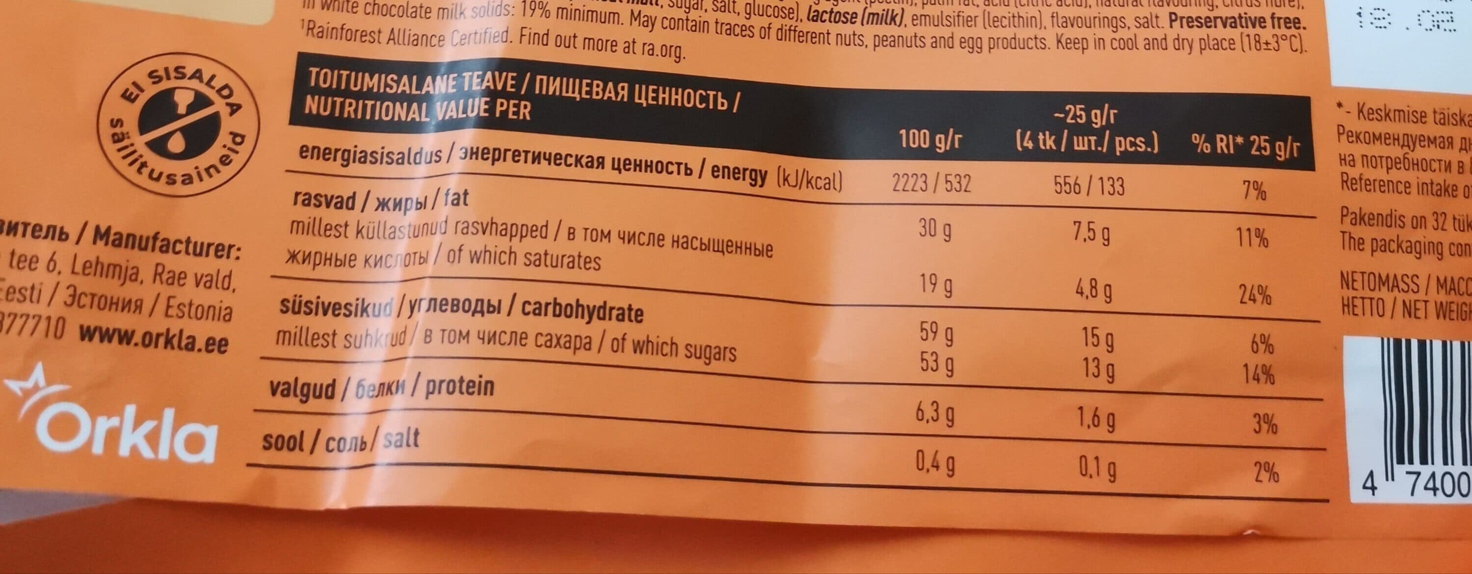 Kalev Valge šokolaad mustika ja õhitud riisiga packshot