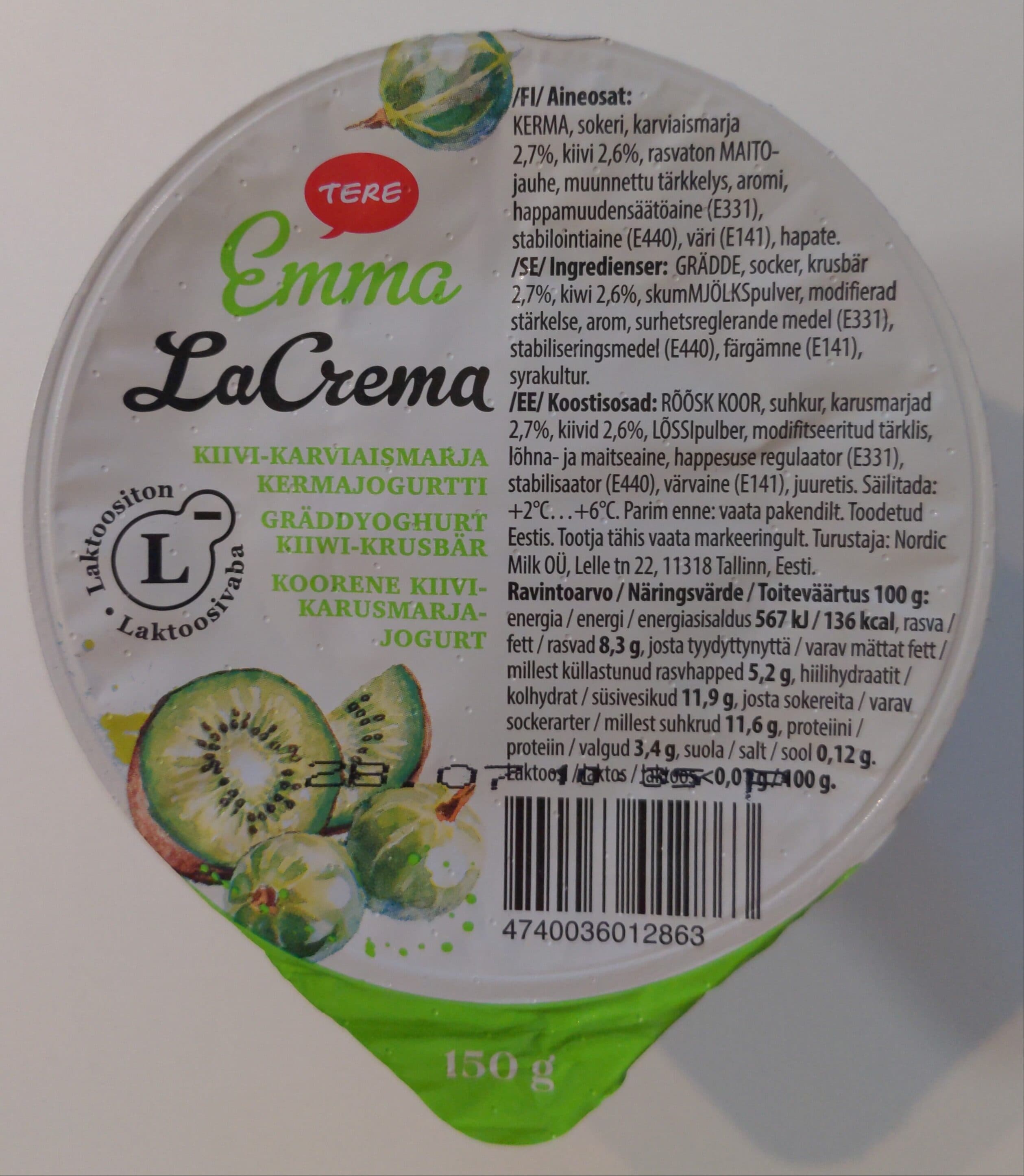Tere LaCrema Kiivi-Karvisaismarjakermajogurtti packshot