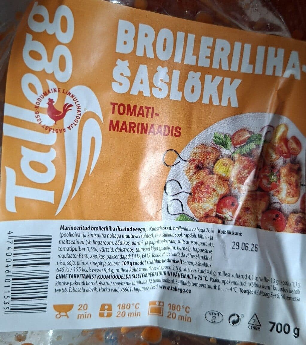 Tallegg Tomatimarinaadis Broileri Kintsuliha Šašlõkk packshot