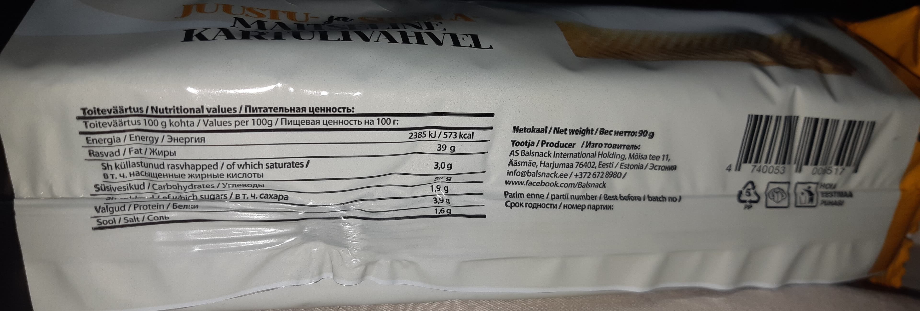 Balsnack Kartulivahvel Juustu- Ja Sibulamaitseline packshot