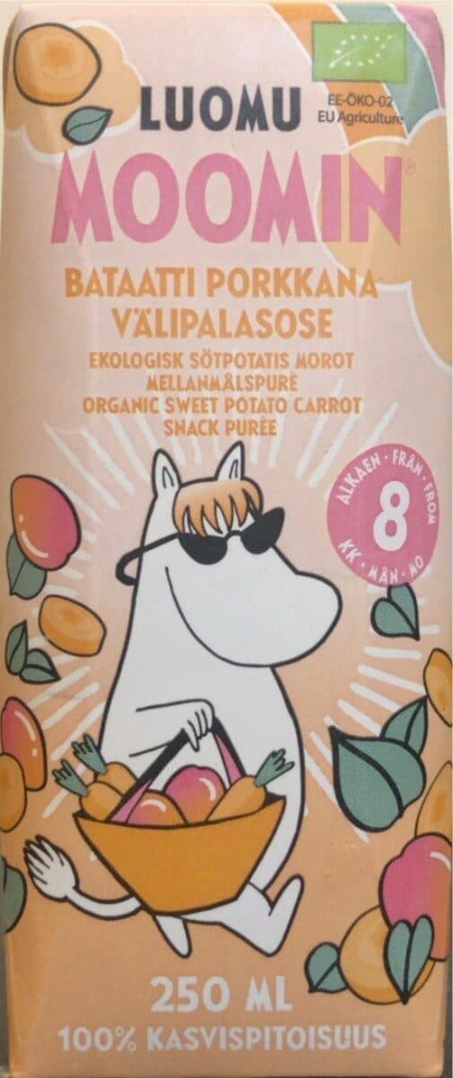 Luomu Moomin organic sweet potato carrot snack purée packshot