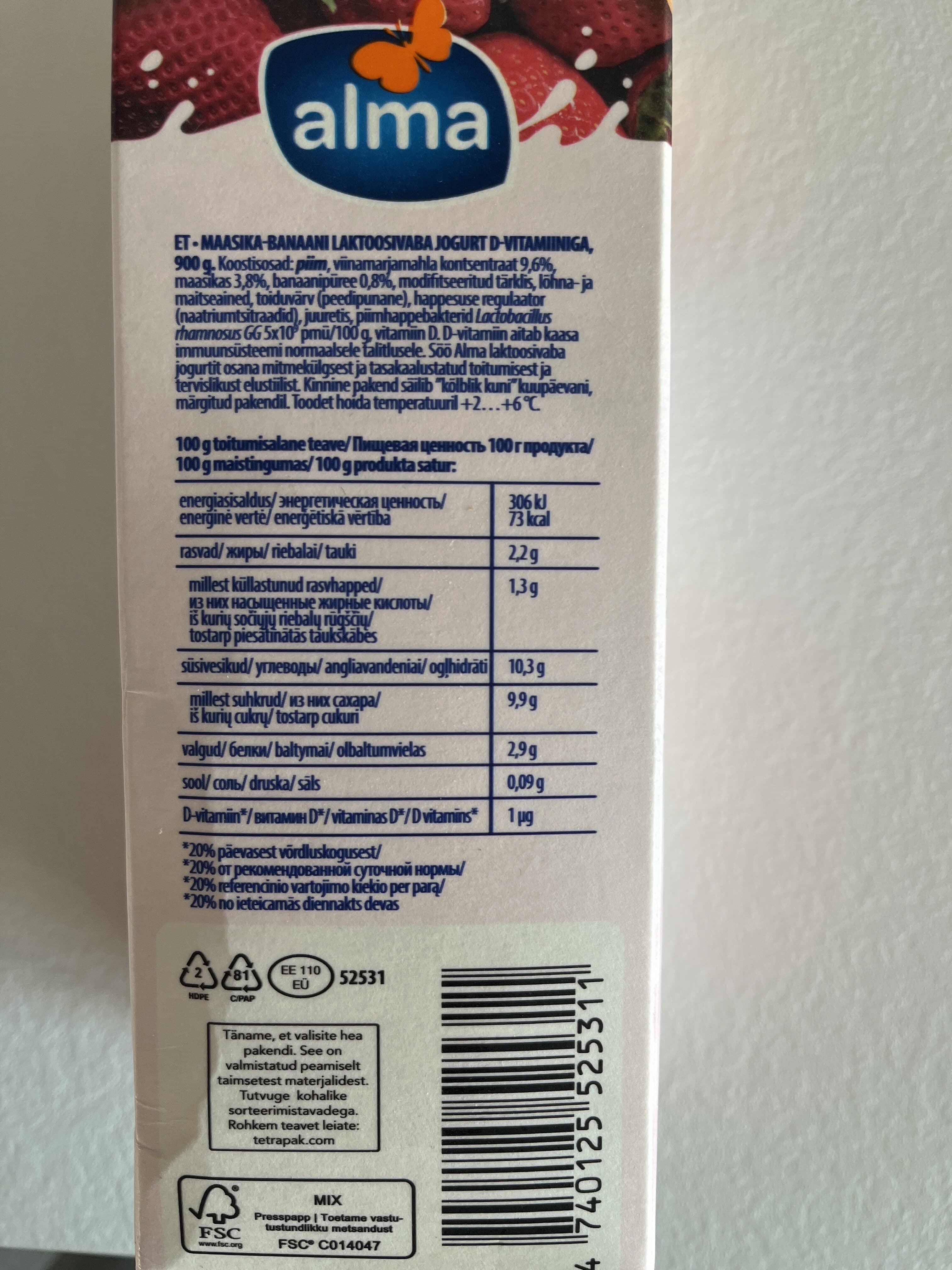 alma Puuviljadest suhkrutega jogurt laktoosivaba packshot