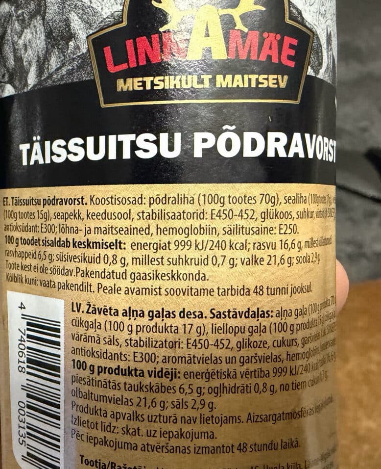 Linnamäe Täissuitsu põdravorst packshot