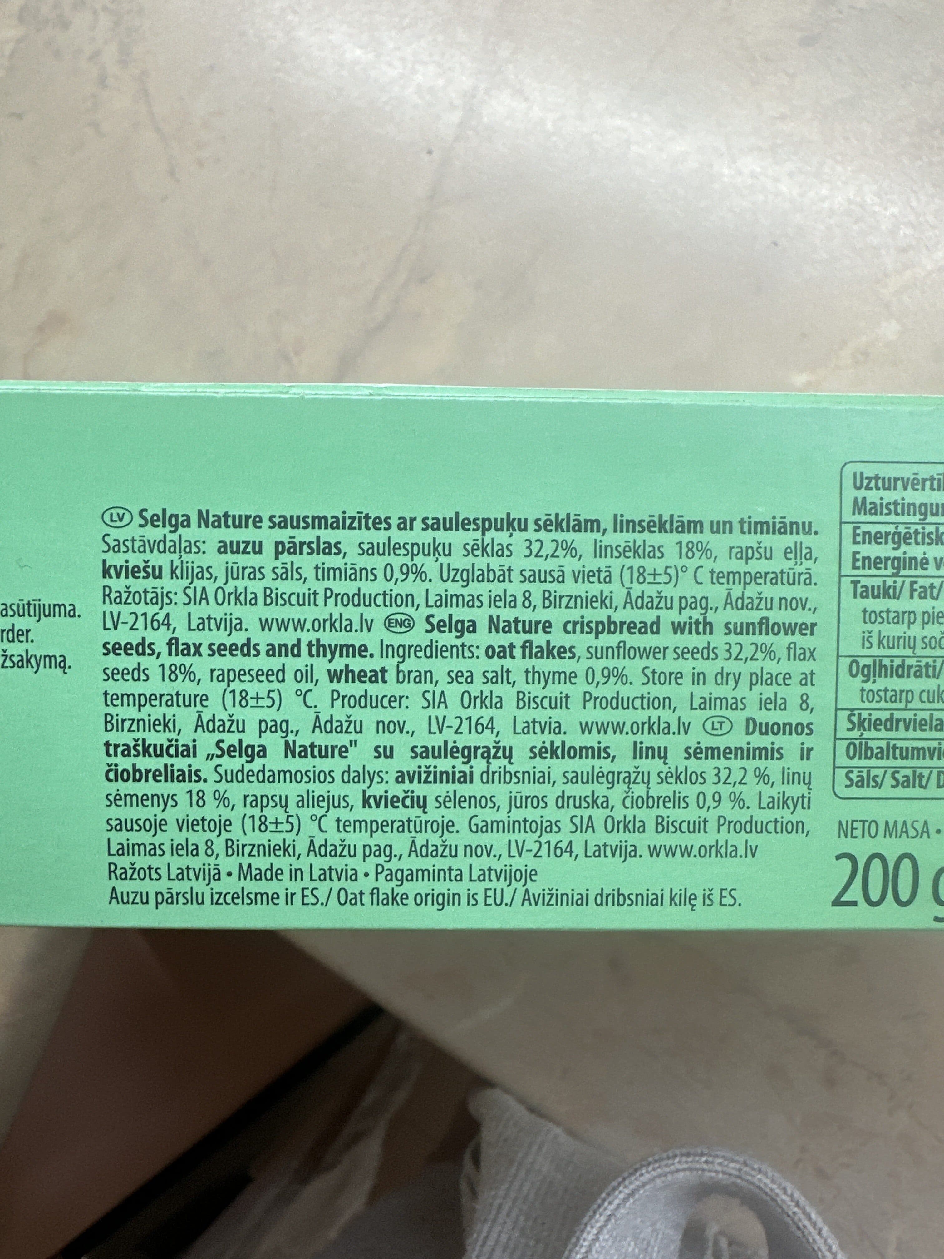 Selga Nature Crispbread With Sunflower Seeds, Flax Seeds And Thyme packshot