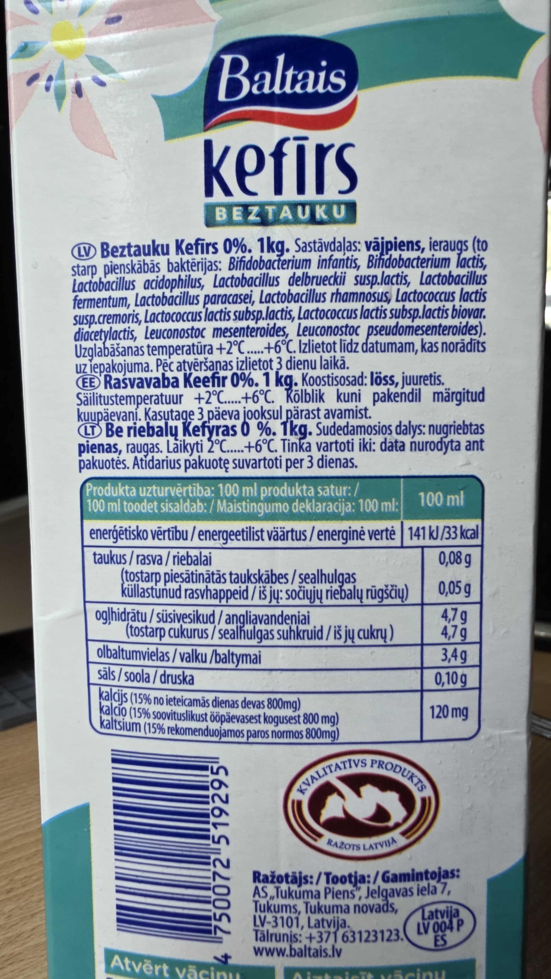 Baltais Beztauku Kefīrs packshot