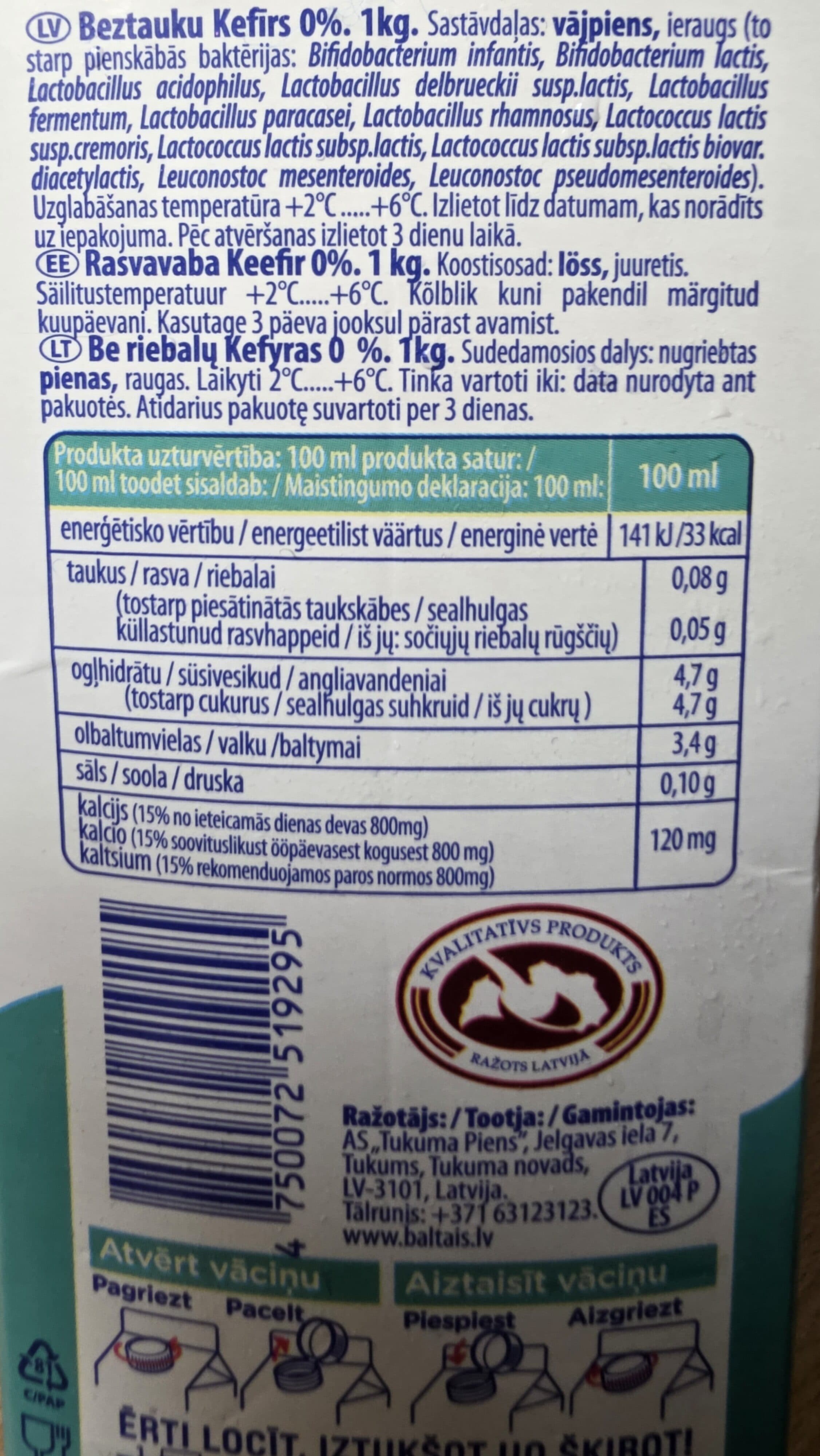 Baltais Beztauku Kefīrs packshot