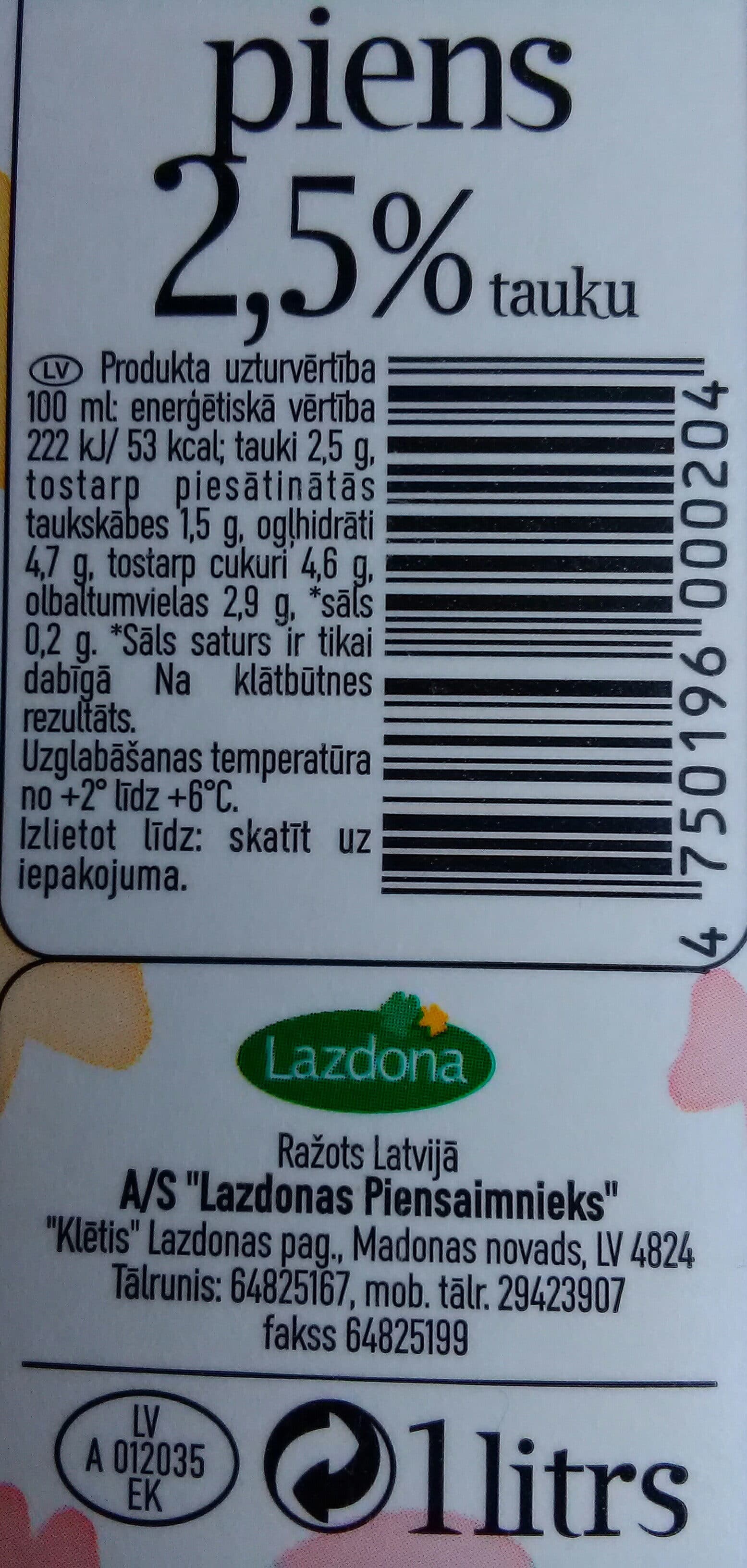 Lazdona 2.5% pasterizēts piens packshot