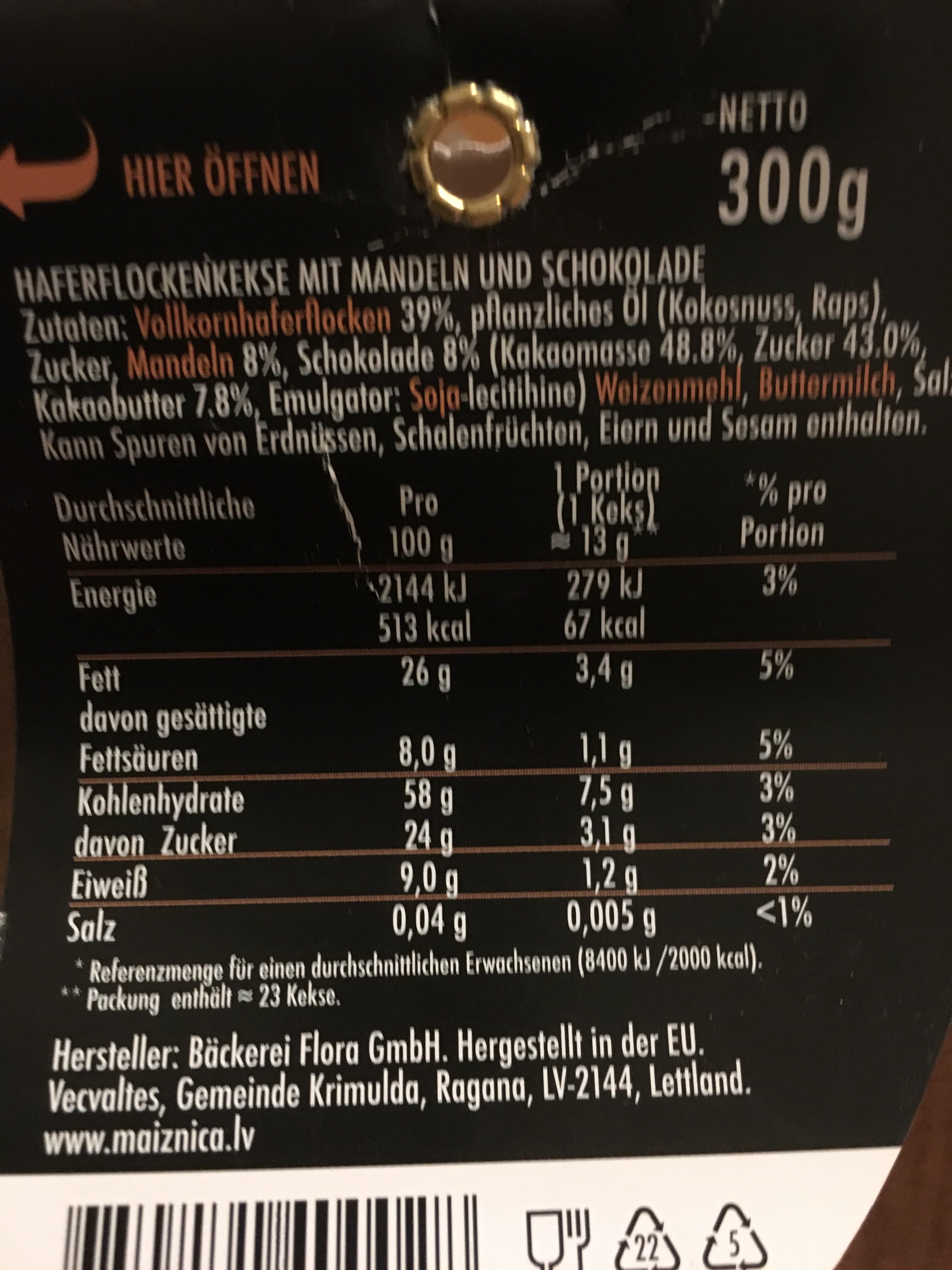 Flora Haferflocken-Kekse mit Mandeln und Schocko packshot