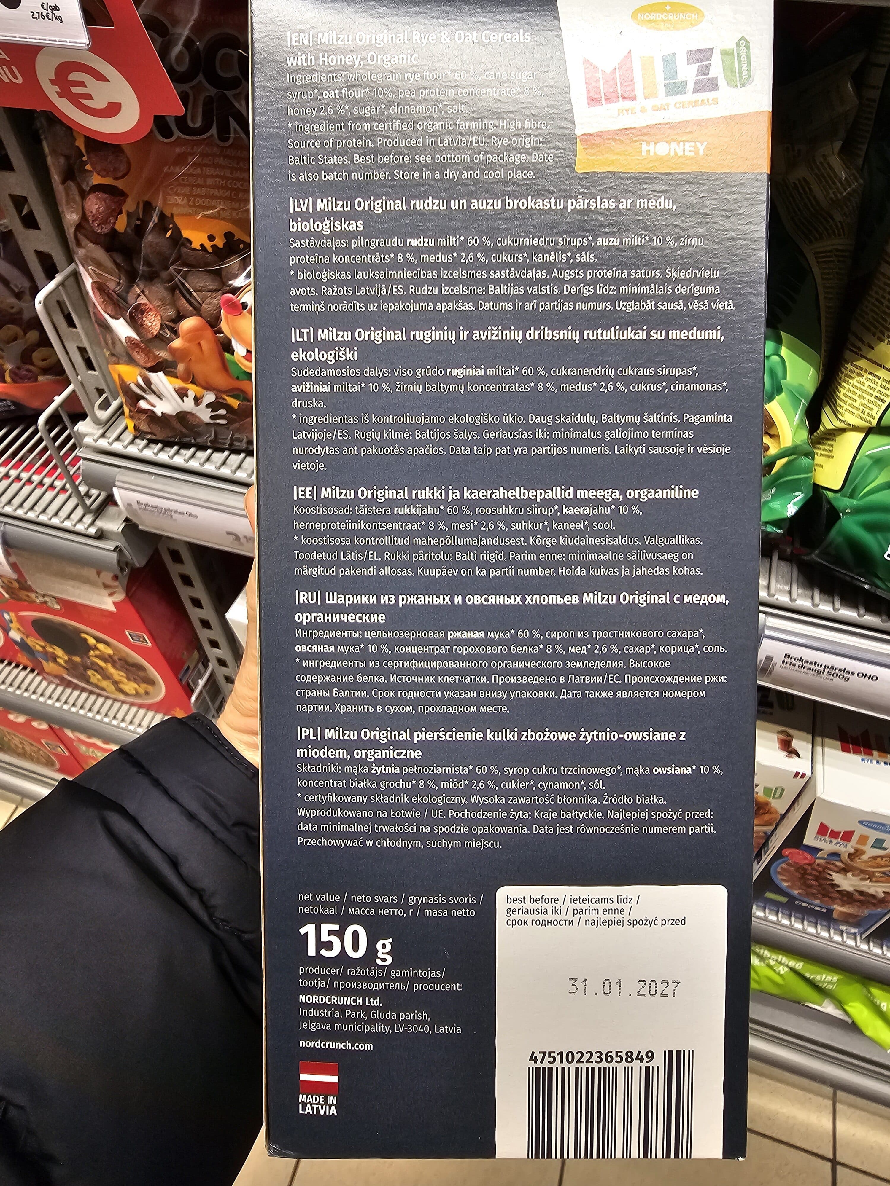 Milzu Milzu Original rudzu un auzu brokastu pārslas ar medu, bioloģiskas packshot