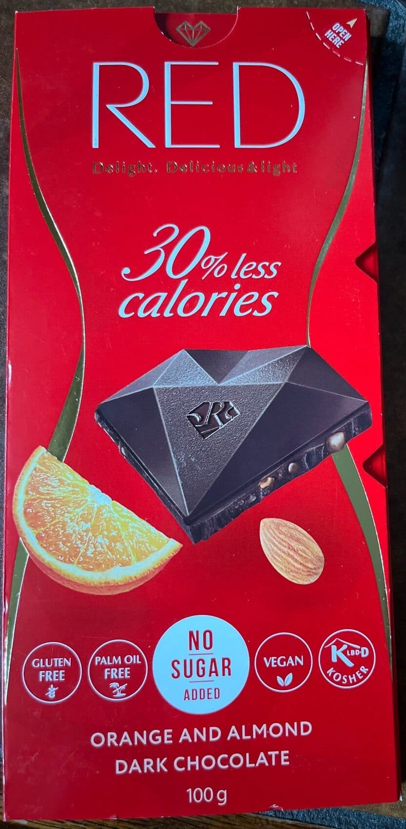 RED Orange and almond dark chocolate packshot