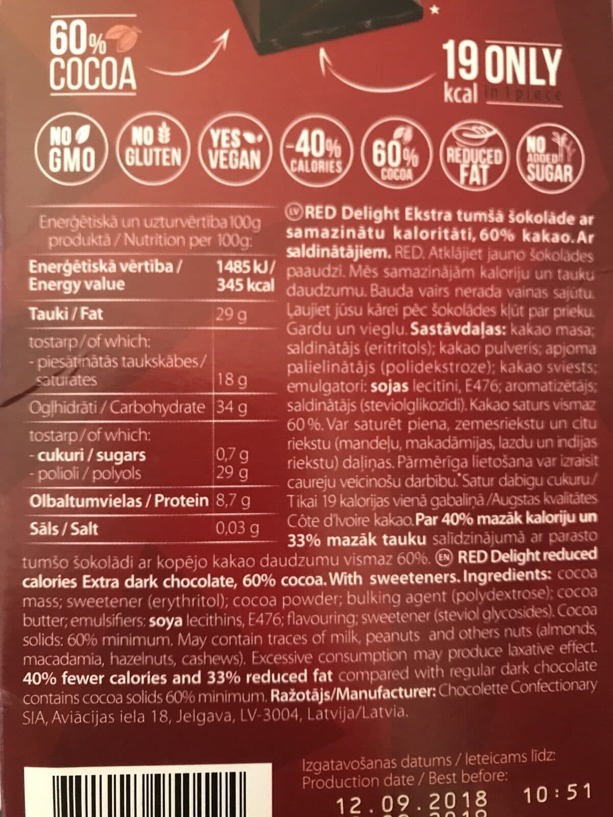Open Food Facts 60% Cacao Extra Dark Chocolate packshot