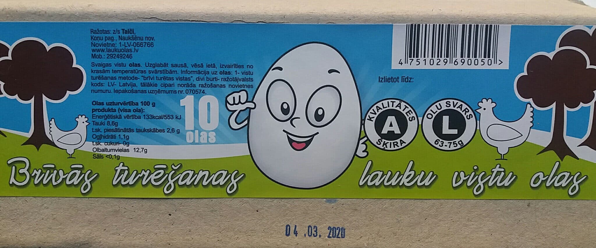 Talči Brīvās turēšanas lauku vistu olas, A šķira, L izmērs, 10 gab. packshot