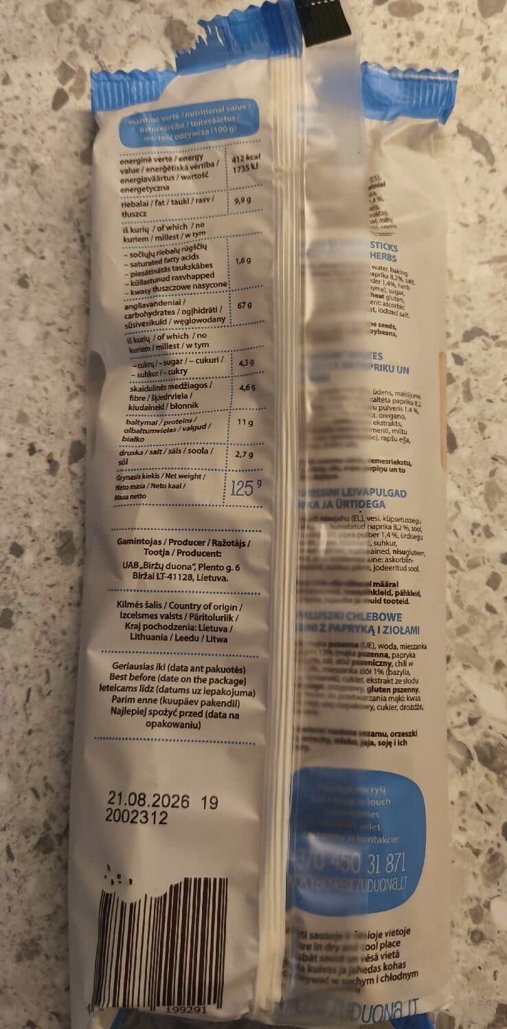 Biržų duona Duonos Lazdelės Su Paprika Ir Žolelėmis packshot
