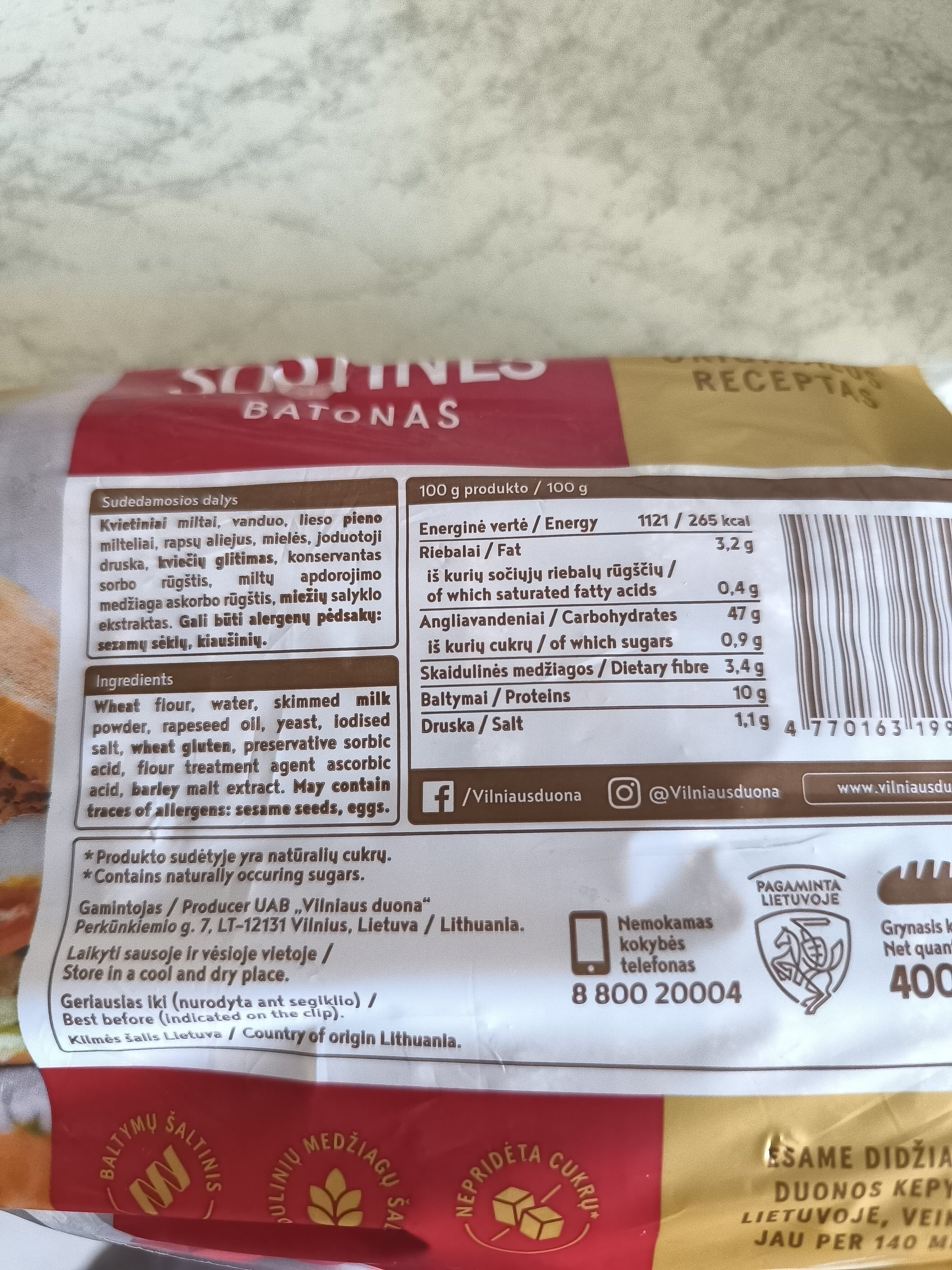 Vilniaus Duona Sostinės Batonas packshot