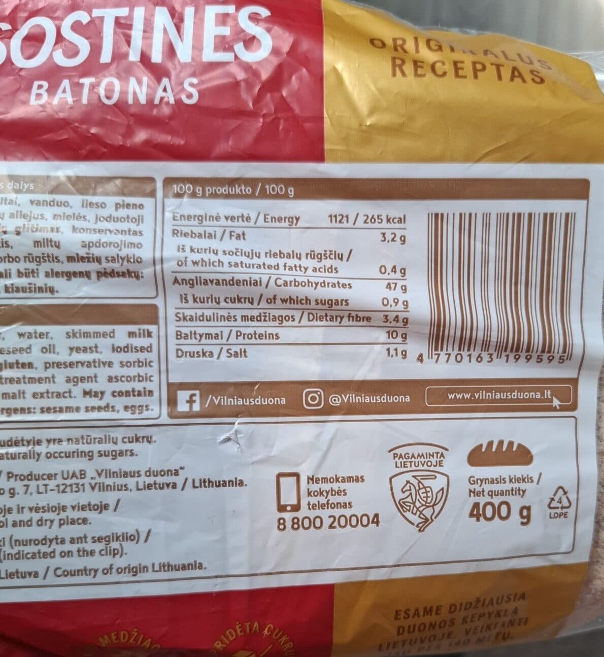 Vilniaus Duona Sostinės Batonas packshot