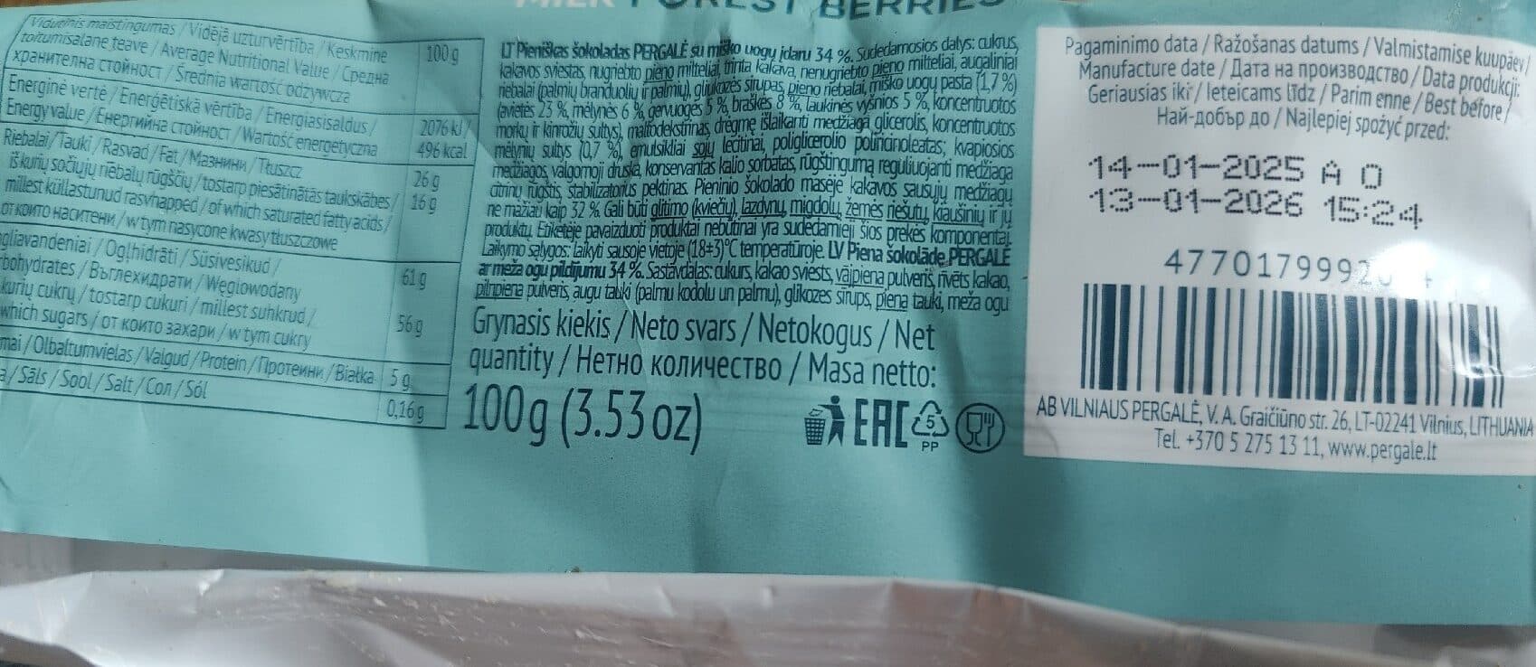 Pergale Milk Chocolate with Forest Berries Filling packshot
