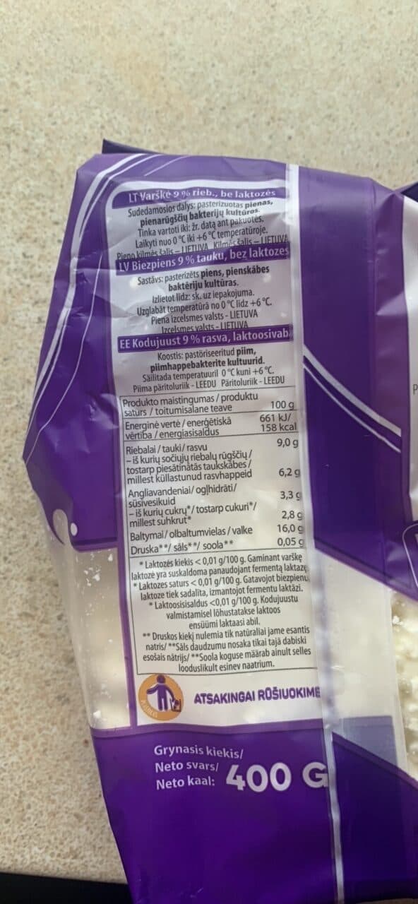 Rokiškio Be Laktozės Pusriebė Varškė 9% packshot