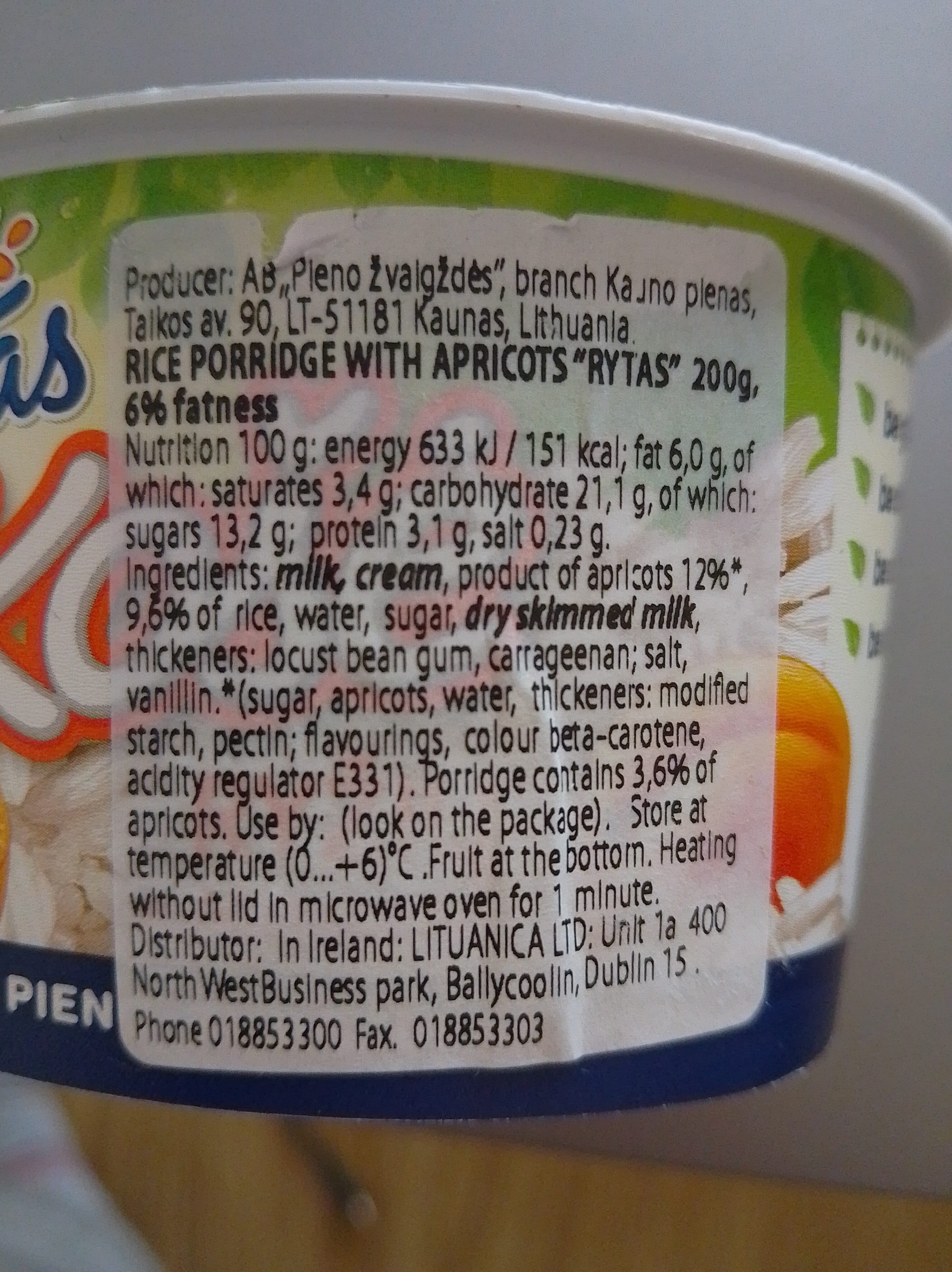 Pieno žvaigždės Ryžių košė su abrikosais Rytas packshot