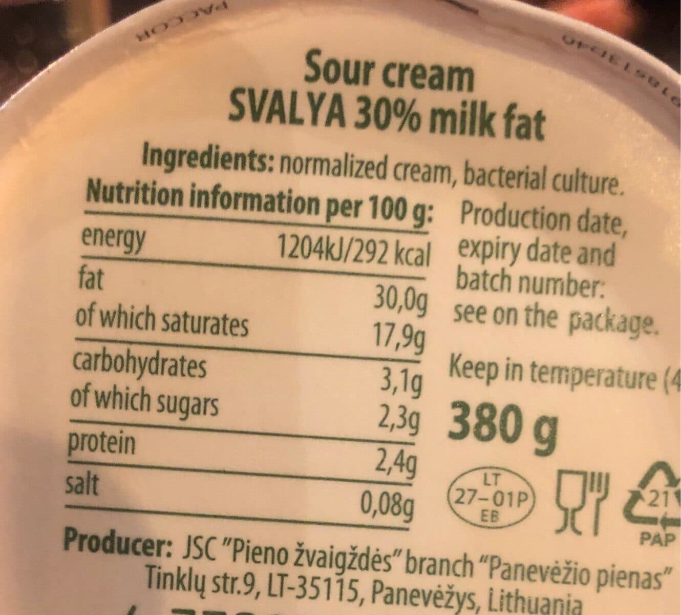 Open Food Facts Malya Сметана 380r 30 % /М.Д. ЖИРА packshot