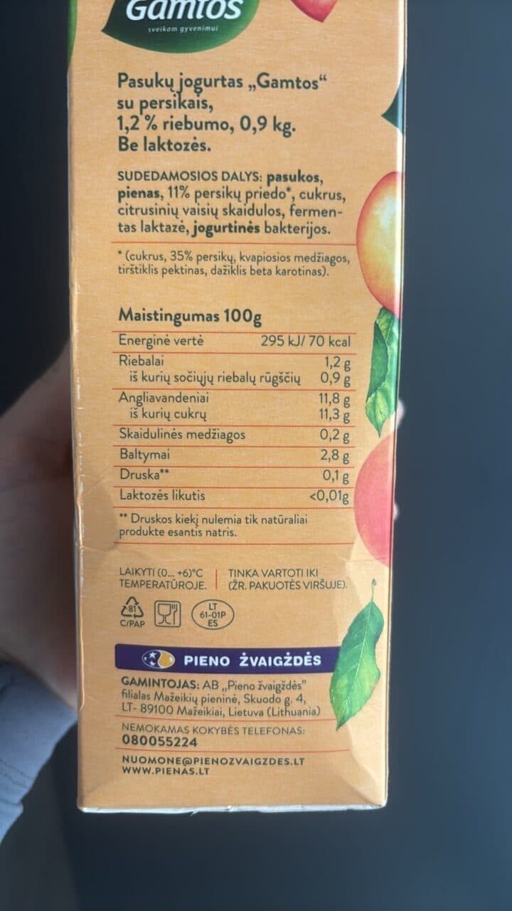 Pasukų jogurtas „Gamtos“ su persikais packshot