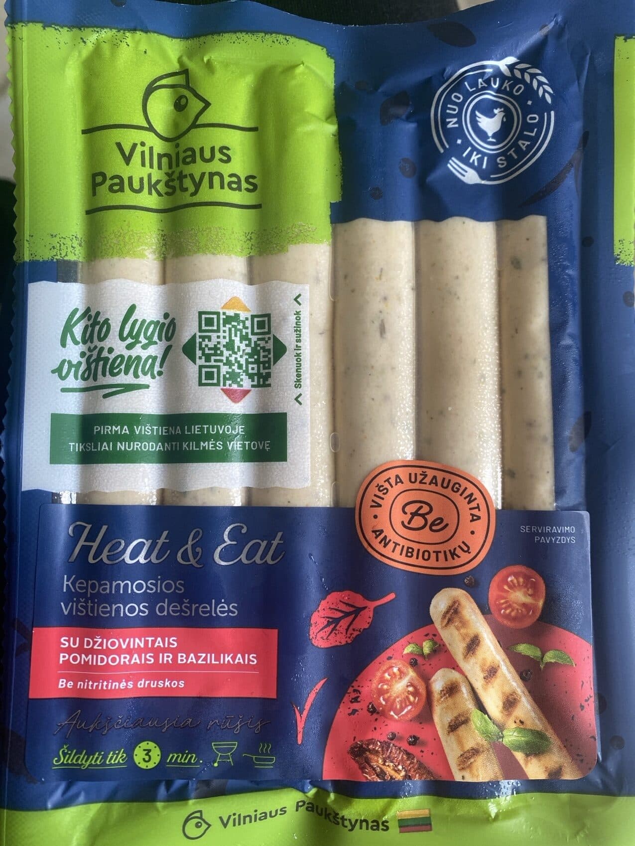 Vilniaus Paukštynas Kepamos vištienos dešrelės Heat & Eat packshot