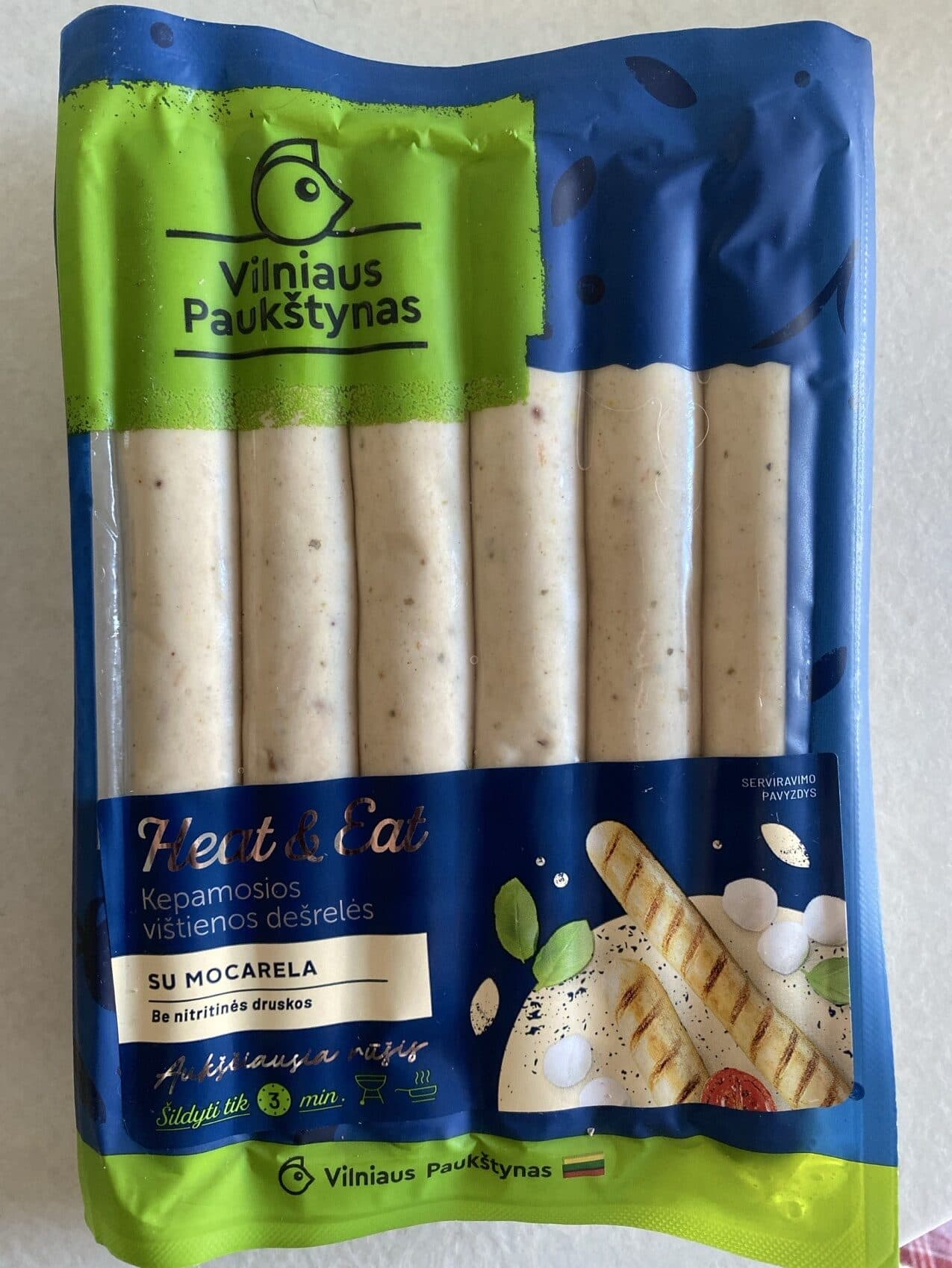 Vilniaus paukštynas Heat&Eat kepamos vištienos dešrelės su mocarela packshot