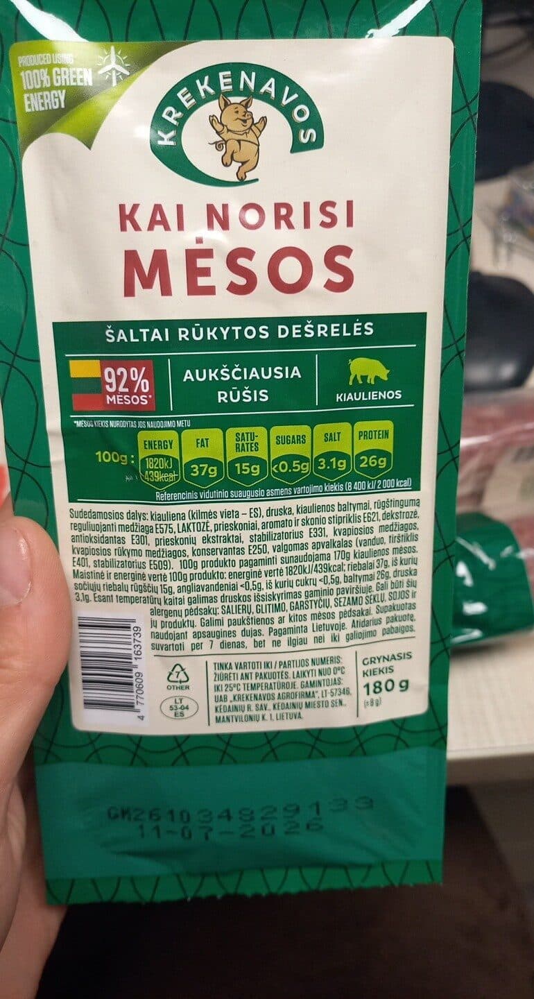 Krekenavos Šaltai rūkytos dešrelės packshot