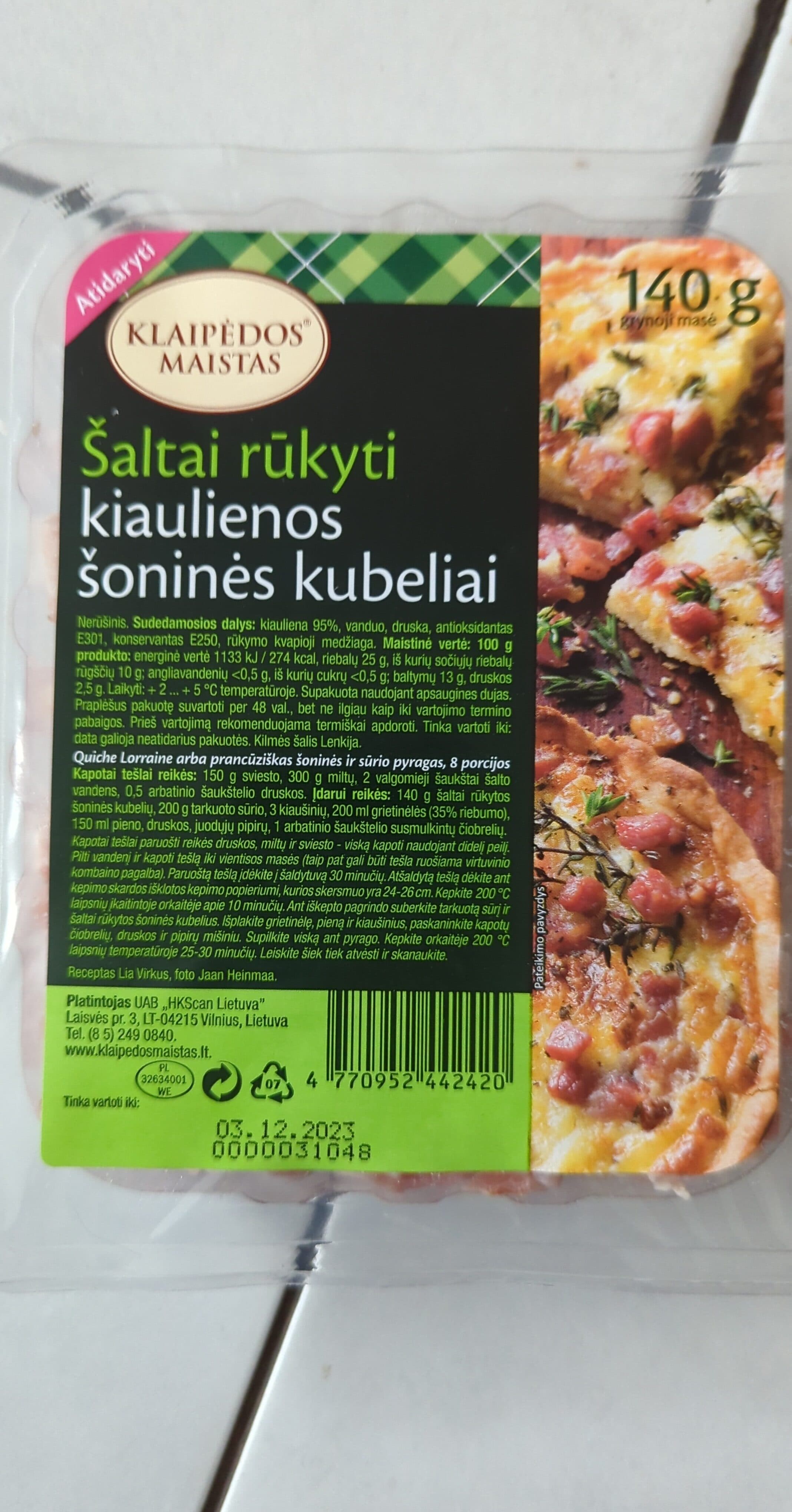 Klaipėdos Maistas Šaltai rūkyti kiaulienos šoninės kubeliai packshot