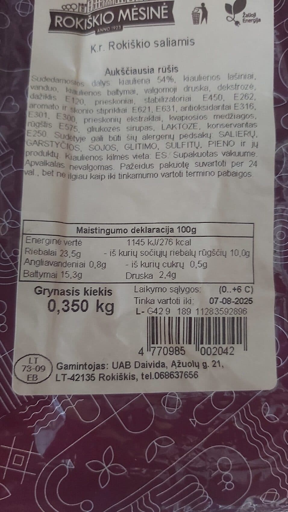 Rokiškio Mėsinė K.r Rokiškio Saliamis packshot
