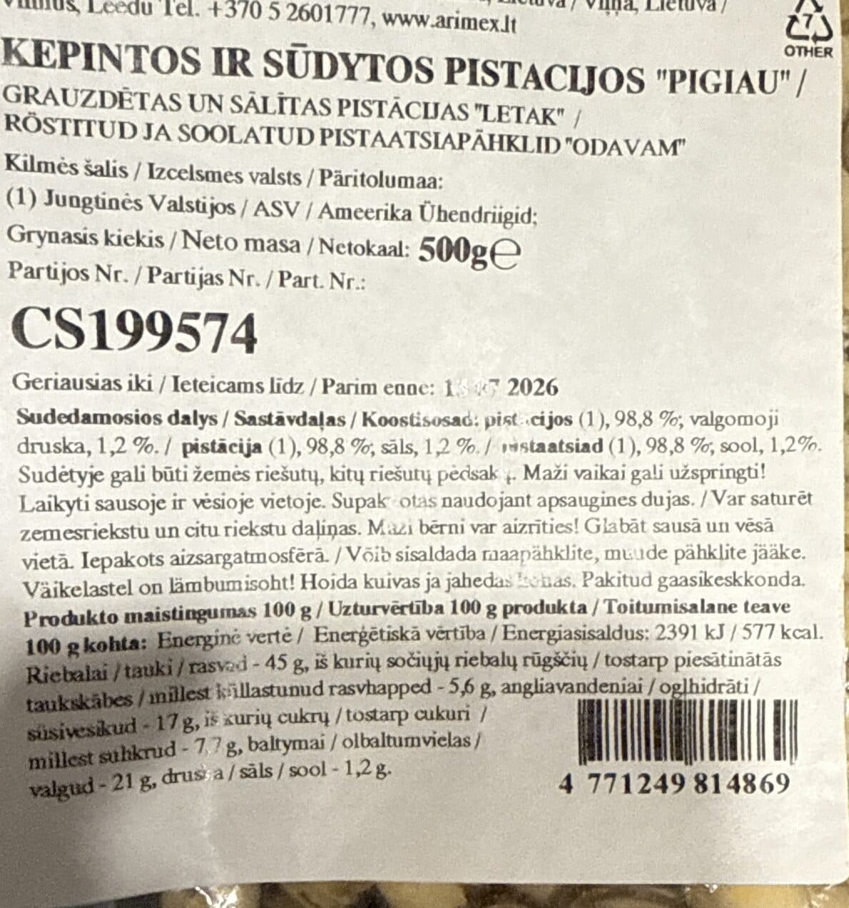 Arimex Suolattuja pistaasipähkinöitä packshot
