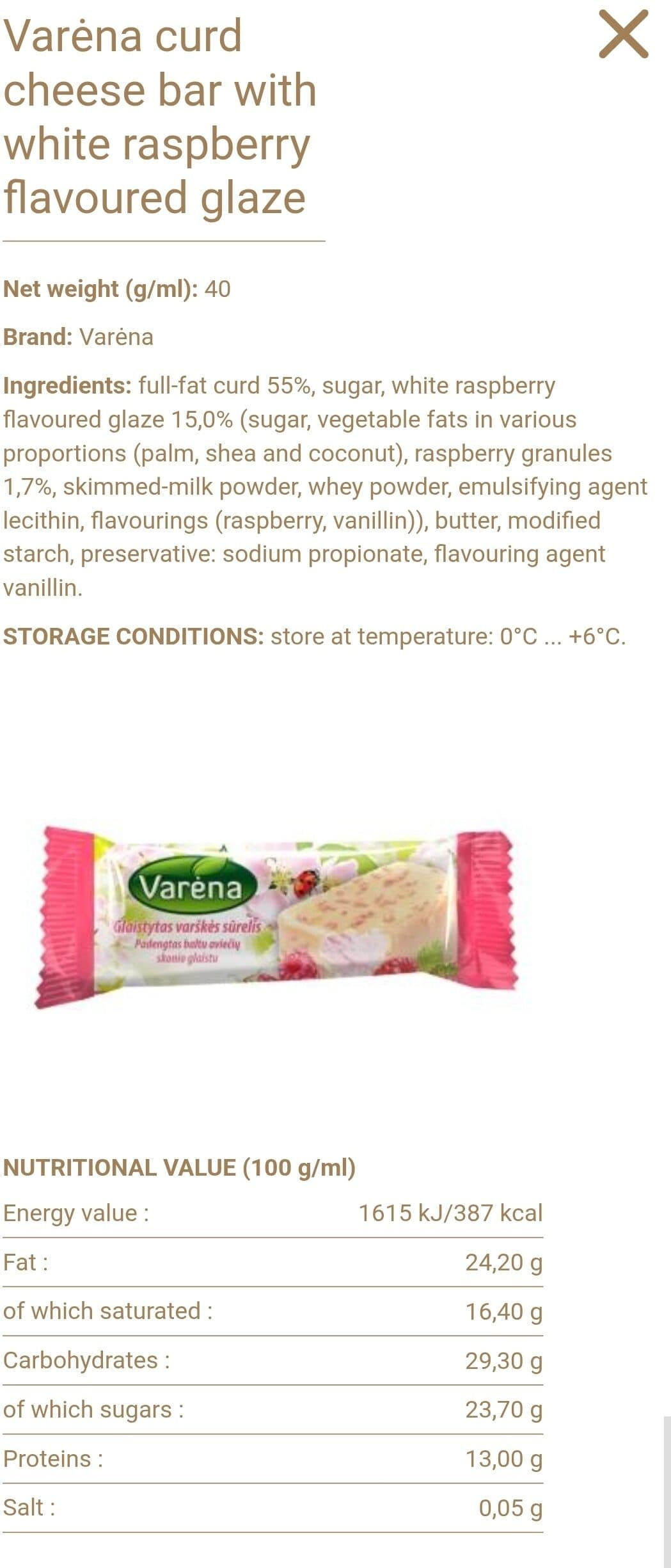 Varena Curd Cheese Bar, White Raspberry packshot