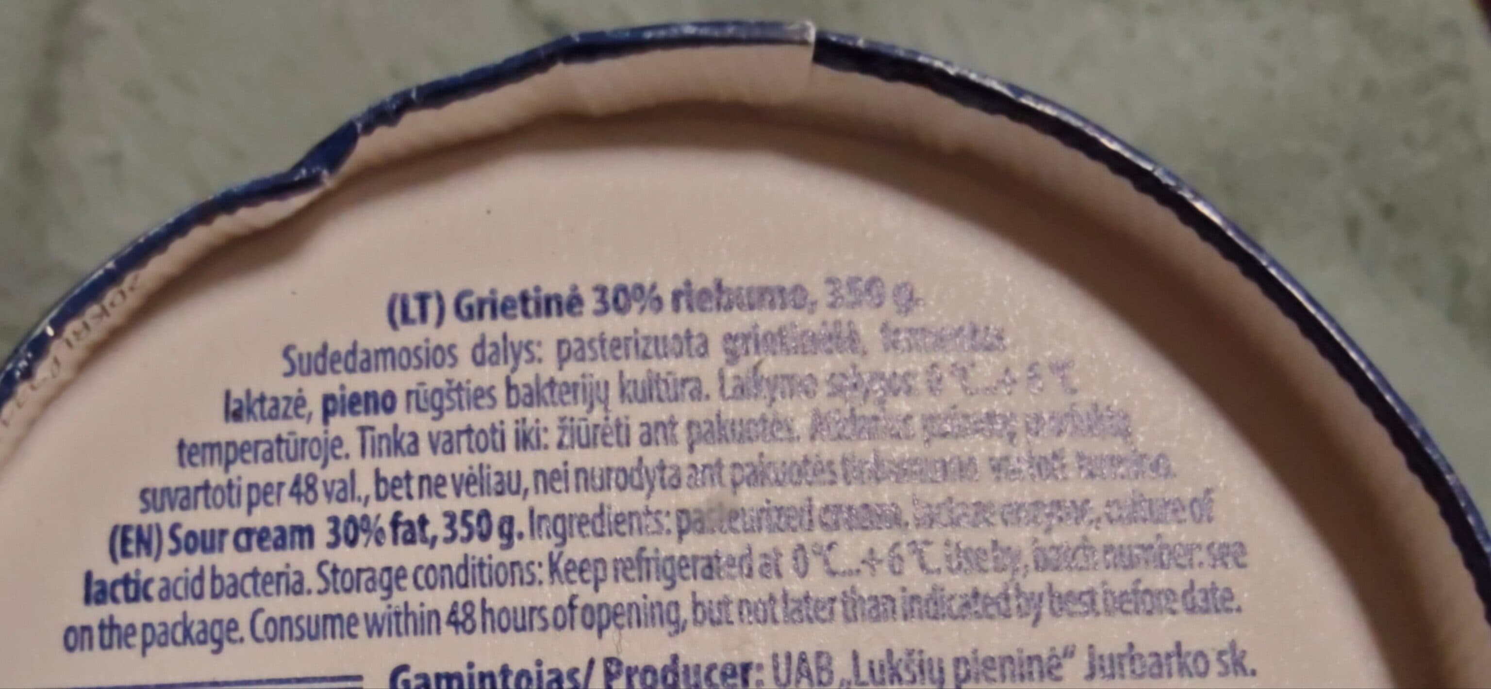 Lukšių Pieninė Grietinė Be Laktozės 30% packshot