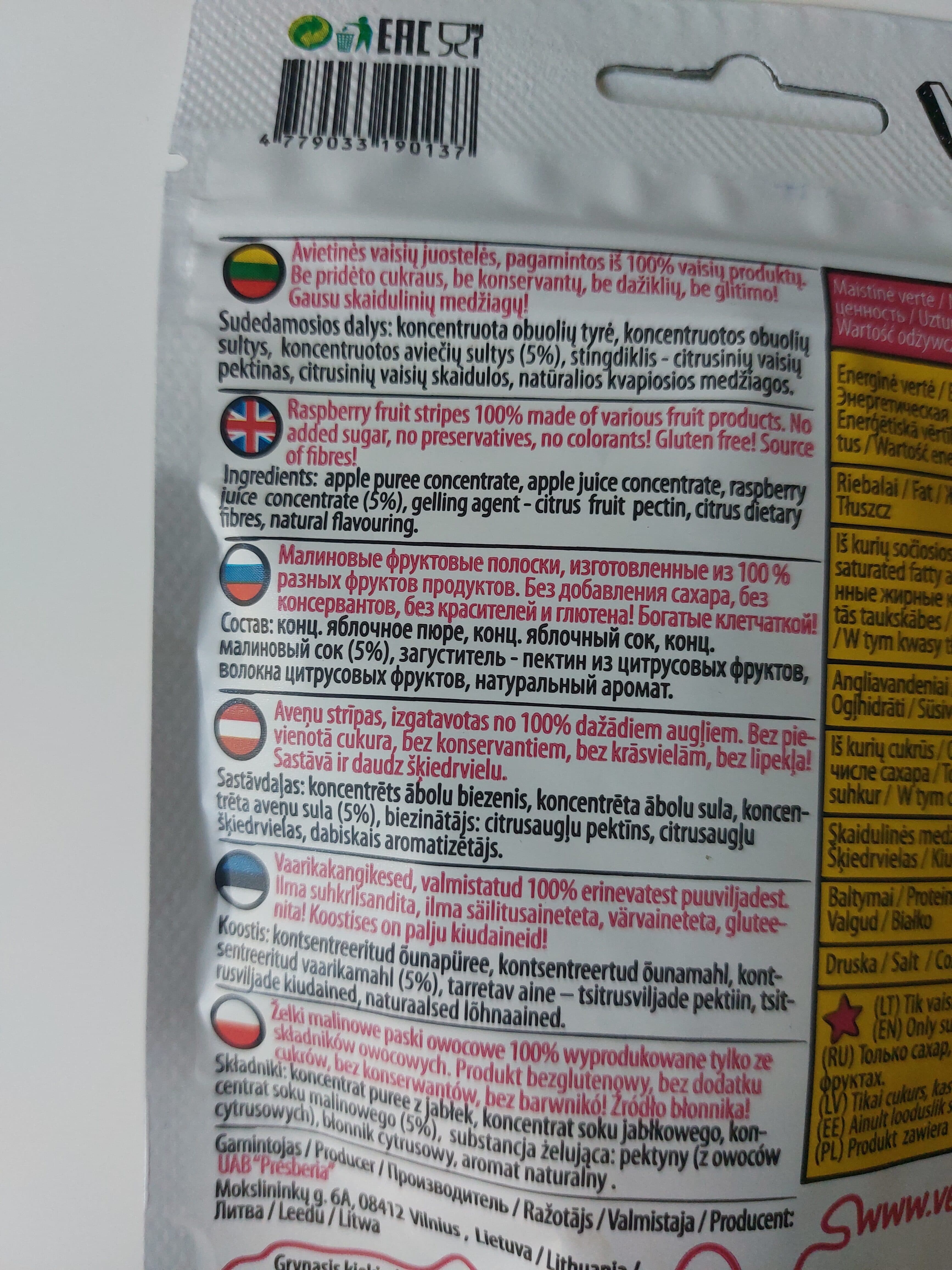 VERI BERI Raspberry fruit strips packshot